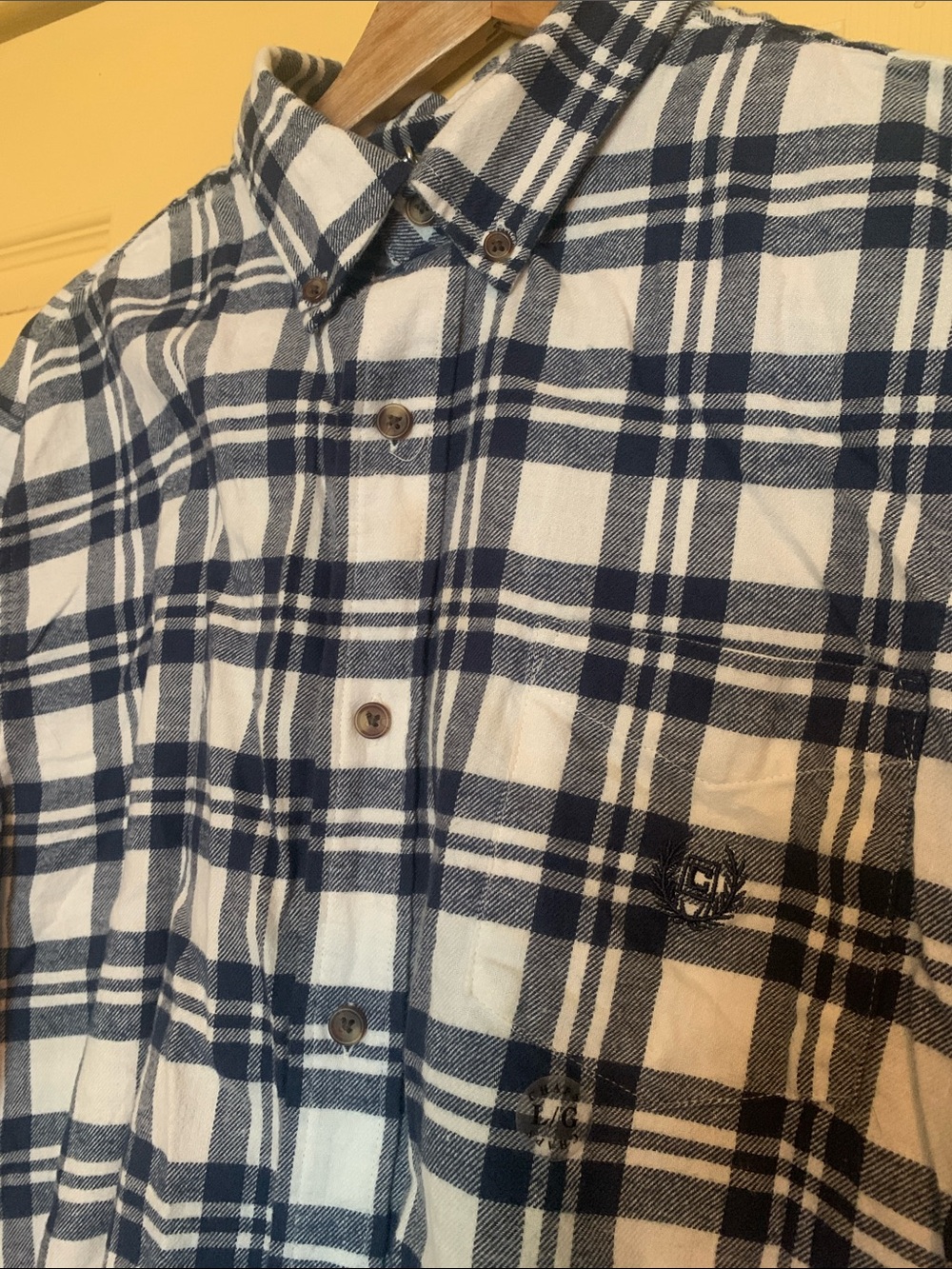Chaps Performance Navy Blue White Plaid Button Down Flannel Shirt L